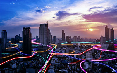 City skyline at sunset